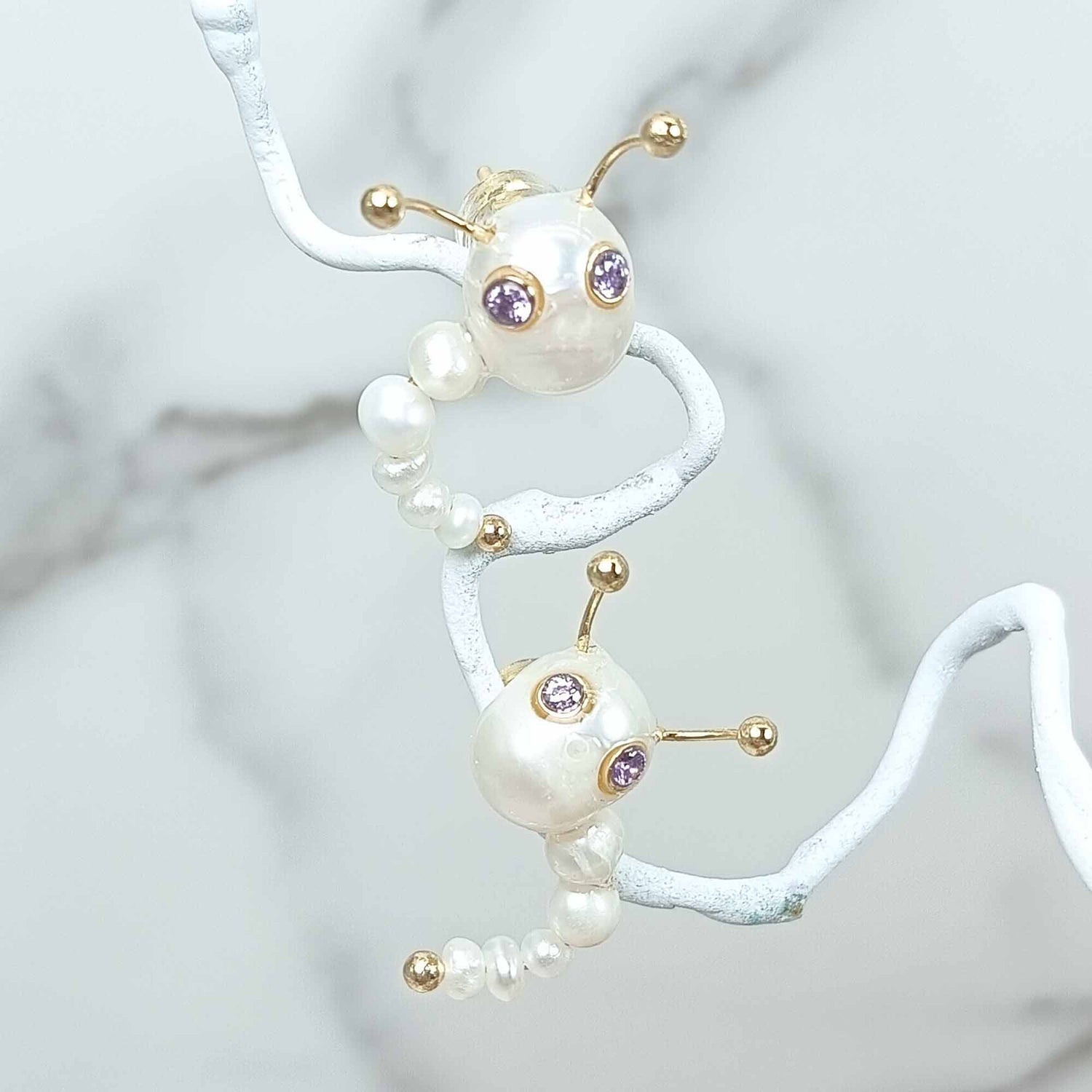 Caterpillar Stud Earrings – Freshwater Pearl & Birthstone-Inspired Design