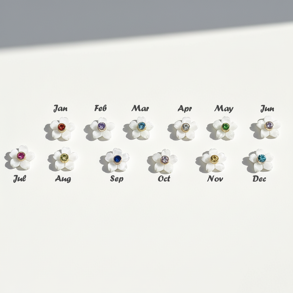 White flower charms with 12 colourful birthstone centres representing each month from January to December.