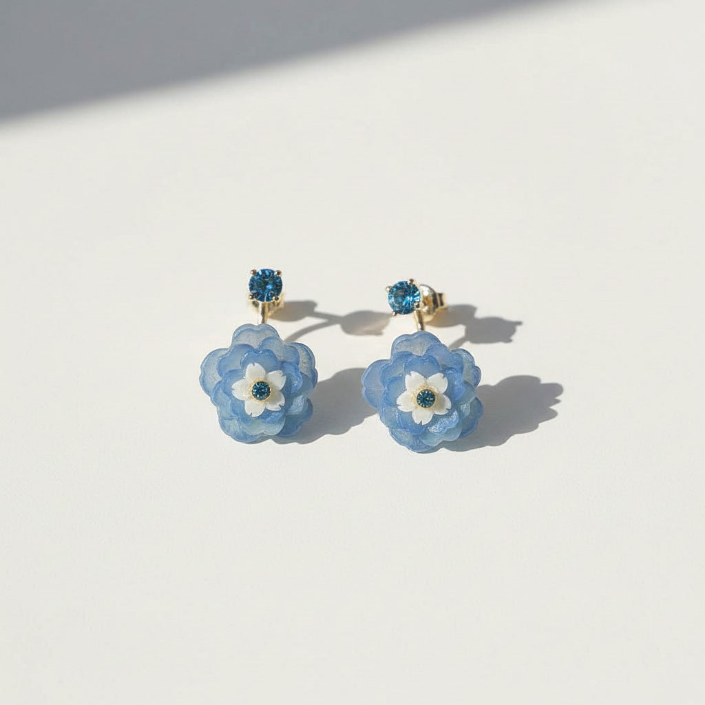 Pair of blue flower earrings on a white background