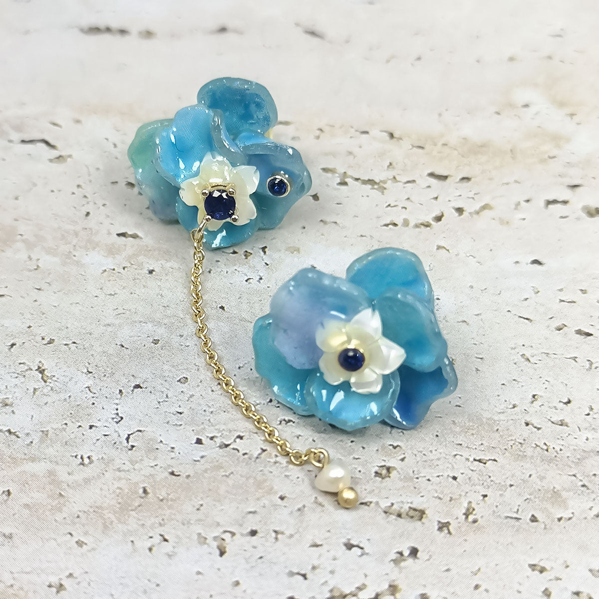 Hydrangea Bloom Earrings with Freshwater Pearl Drop – Purple & Blue