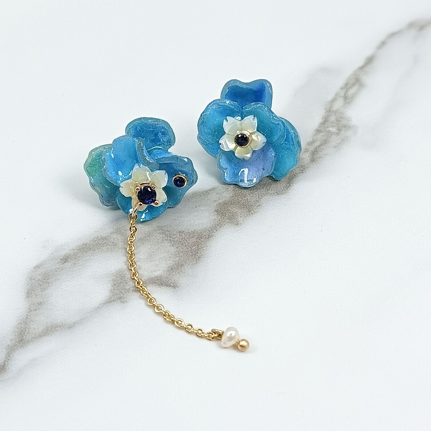 Hydrangea Bloom Earrings with Freshwater Pearl Drop – Purple & Blue