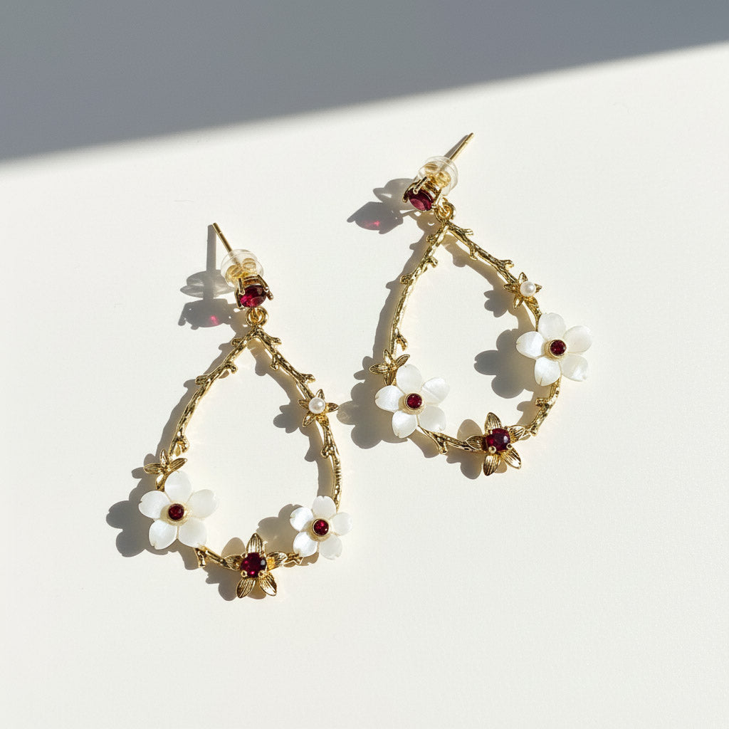 Whimsical Mother-of-Pearl Flower & Birthstone Drop Earrings