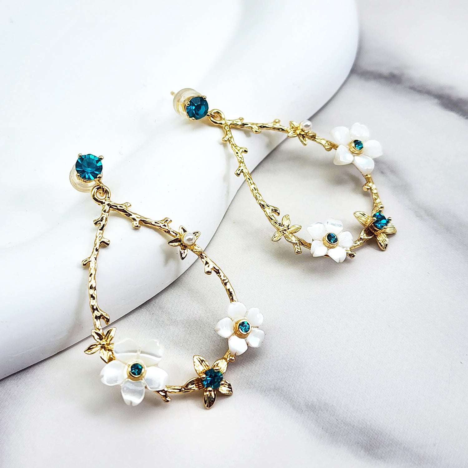 Whimsical Mother-of-Pearl Flower & Birthstone Drop Earrings