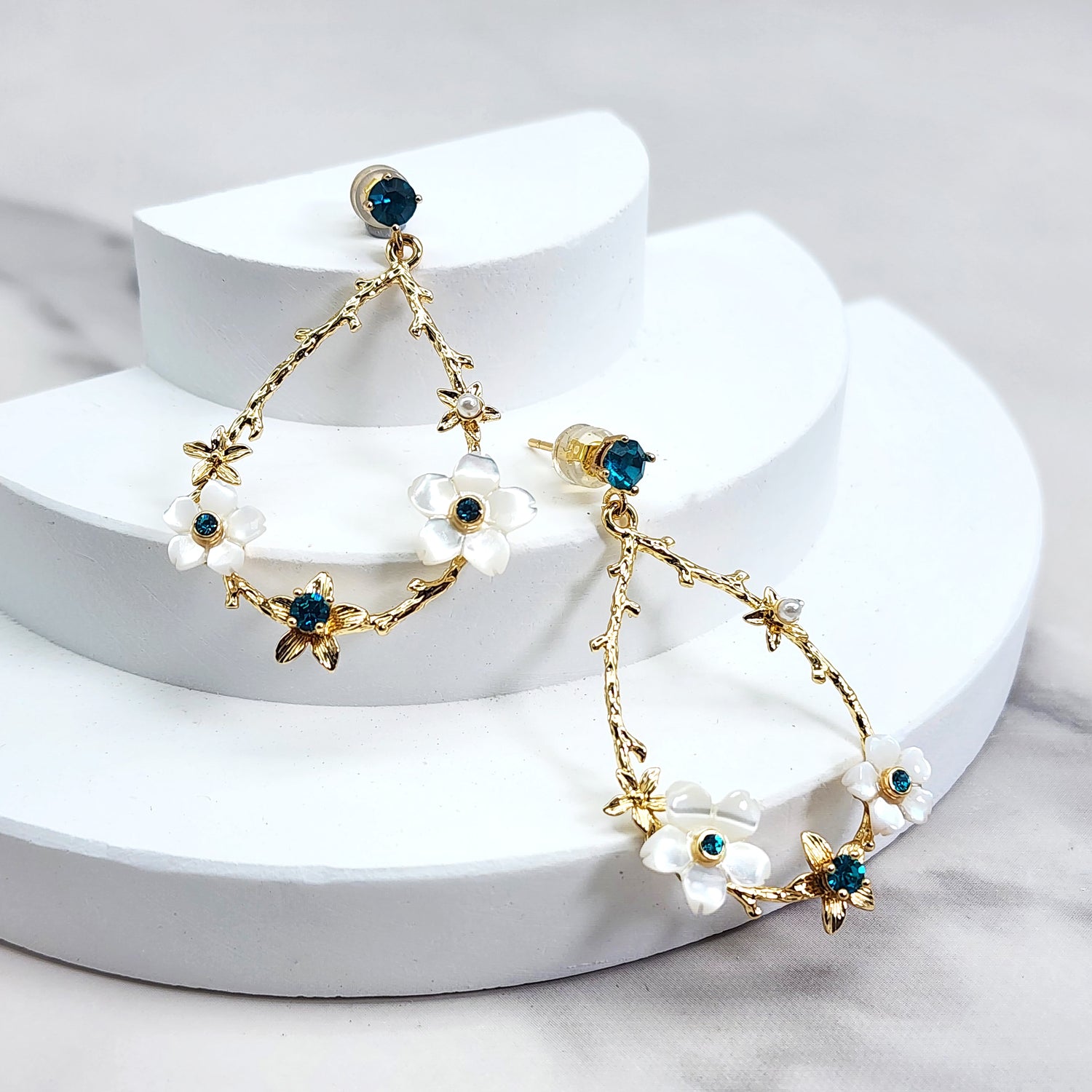 Whimsical Mother-of-Pearl Flower & Birthstone Drop Earrings
