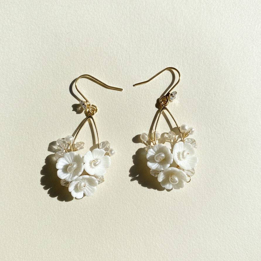 Pair of gold earrings with white floral designs on a light beige background