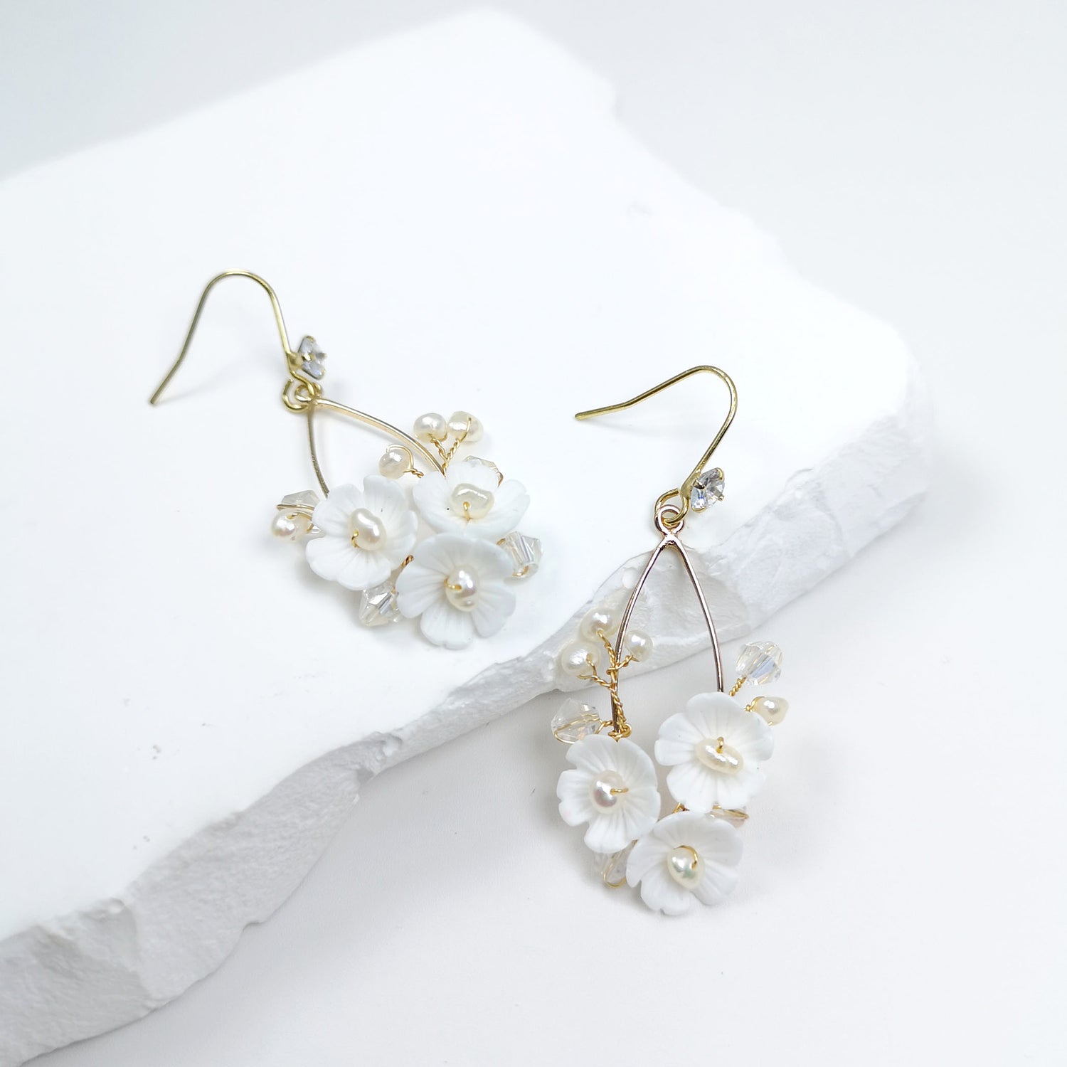 Bridal Sakura Flower Pearl Crystal Drop Earrings