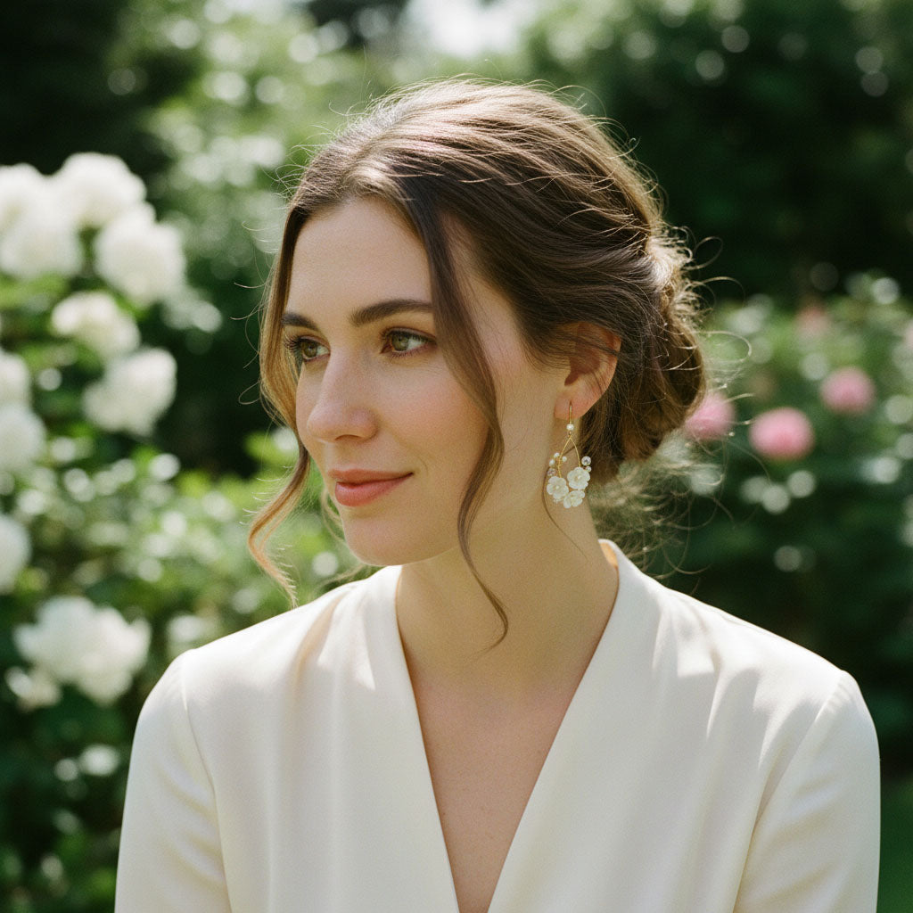 Woman in a white dress with floral earrings against a blurred garden background