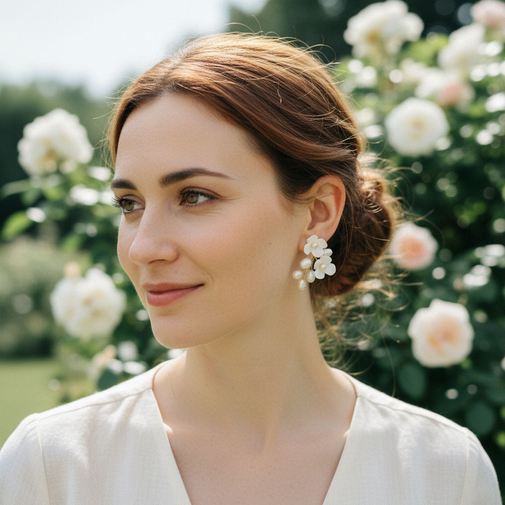 Woman wearing white floral earrings with a blurred floral background