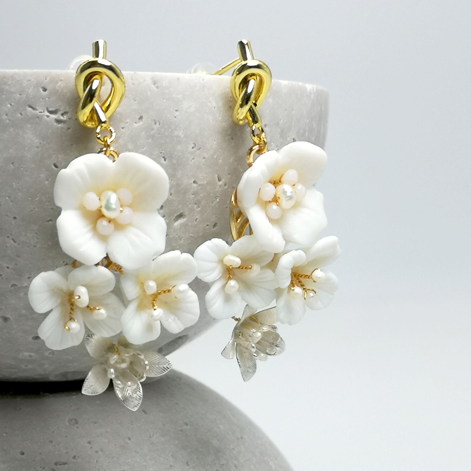 Bridal Knot Porcelain Flower Pearl Earrings