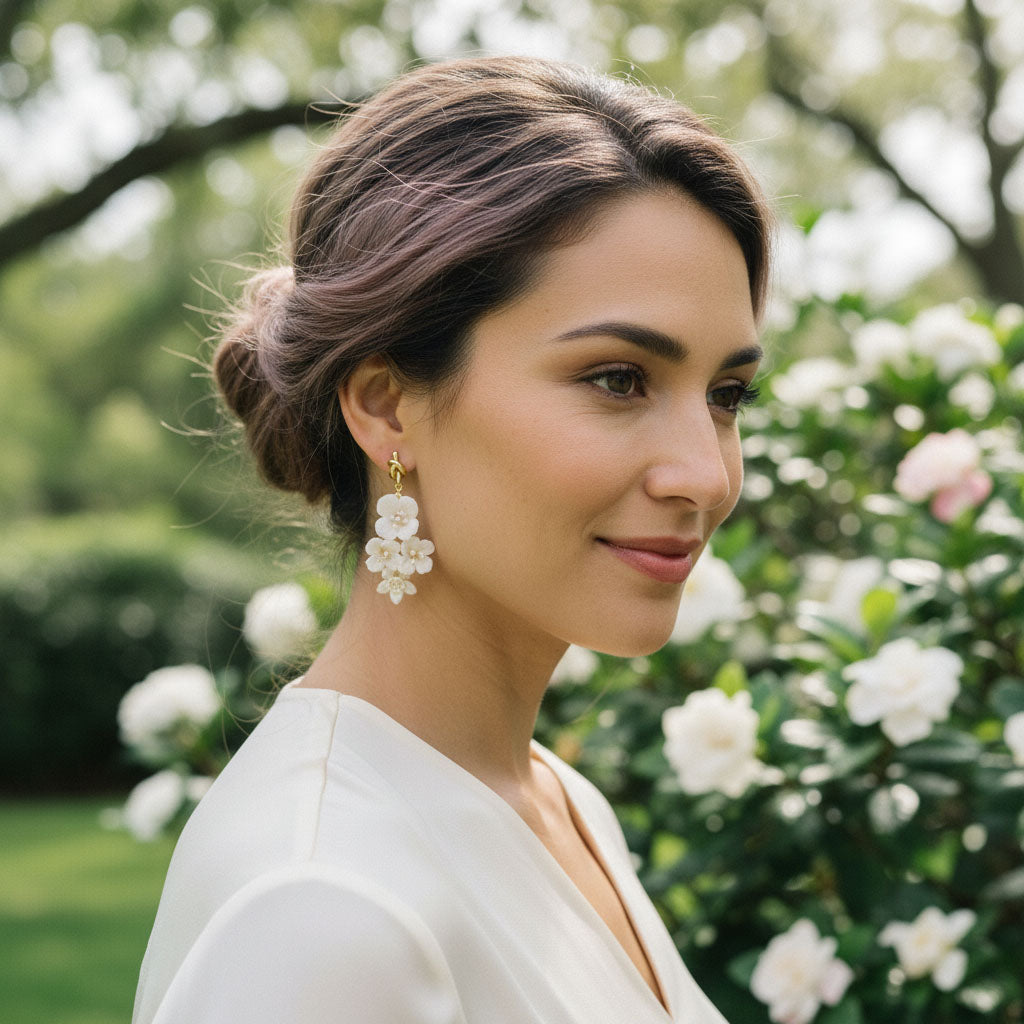 Woman wearing pearl earrings in a garden setting