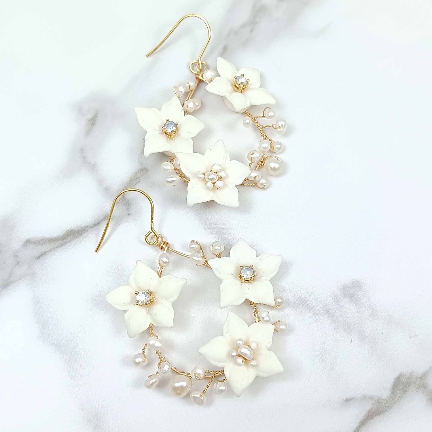Bridal Porcelain Sakura Flower Opal CZ Stone Drop Earrings