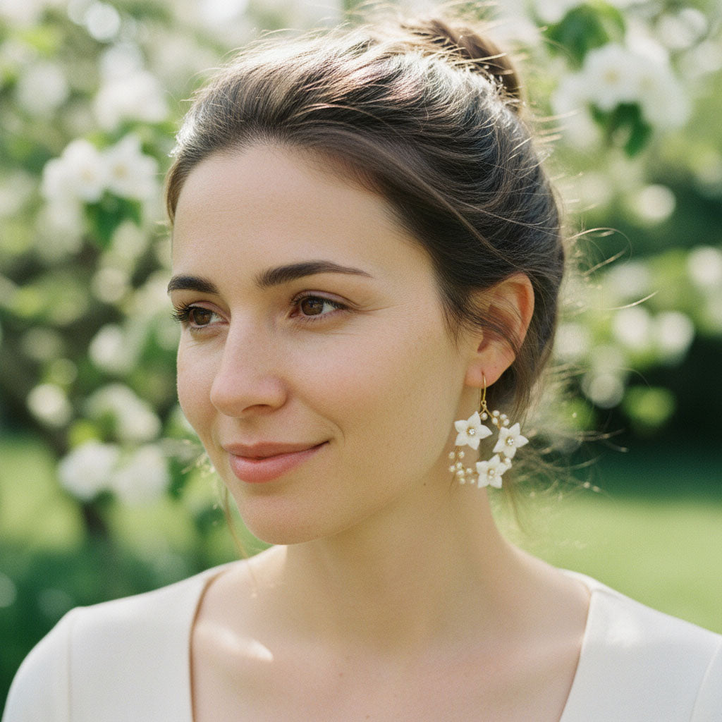 Woman wearing floral earrings with a blurred natural background