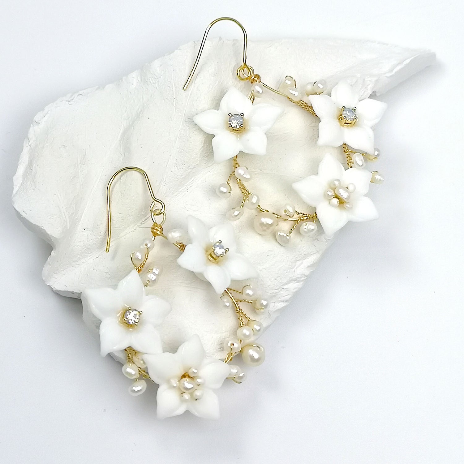 Bridal Porcelain Sakura Flower Opal CZ Stone Drop Earrings