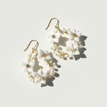 Pair of floral earrings with white flowers and gold accents on a light background