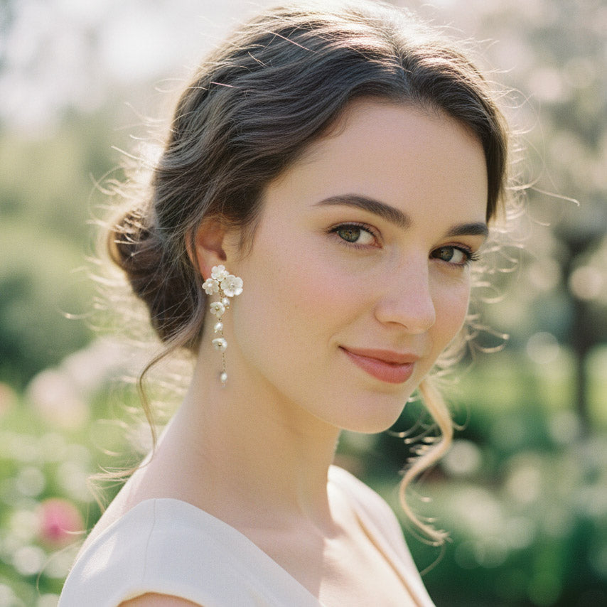 Model wearing floral pearl drop earrings in garden sunlight.
