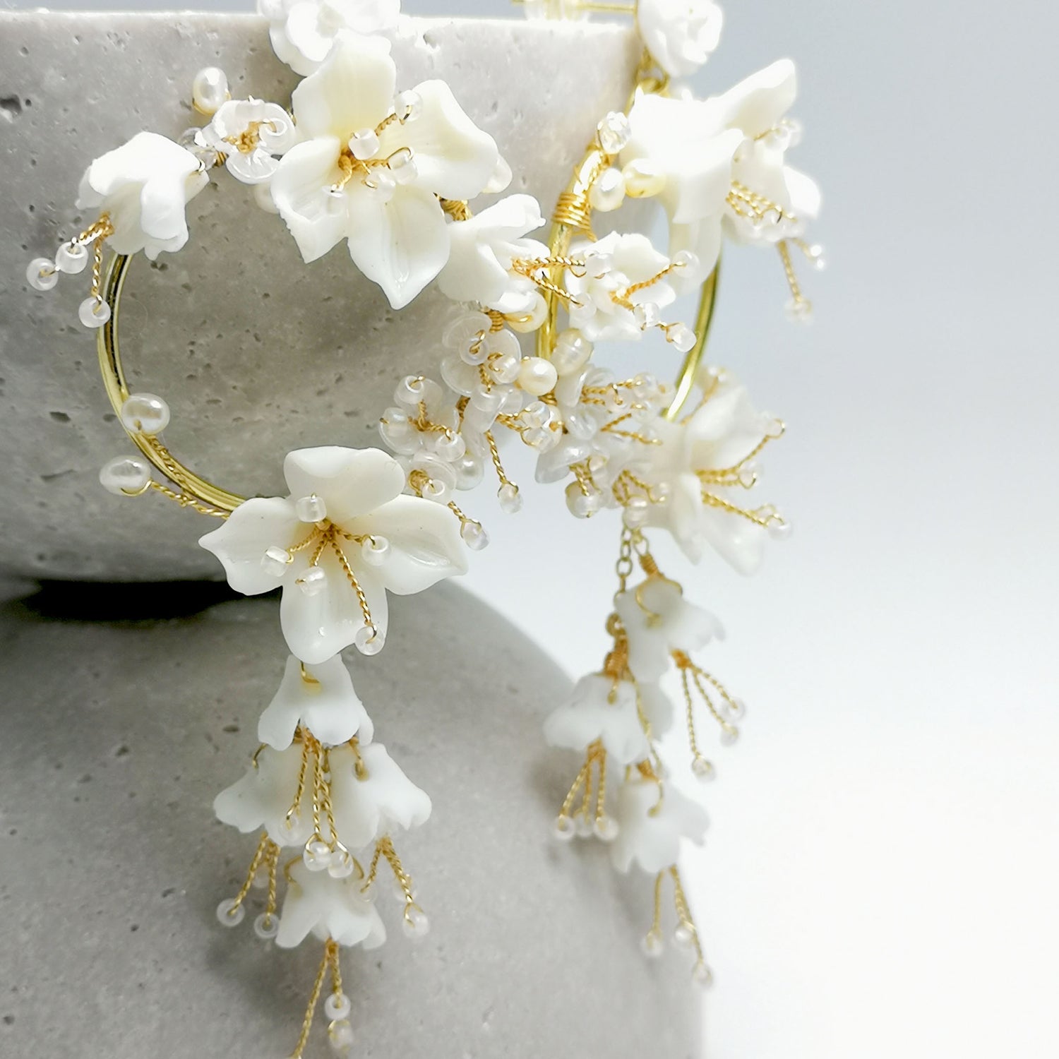 Bridal Porcelain Flower Wreath Pearl Earrings