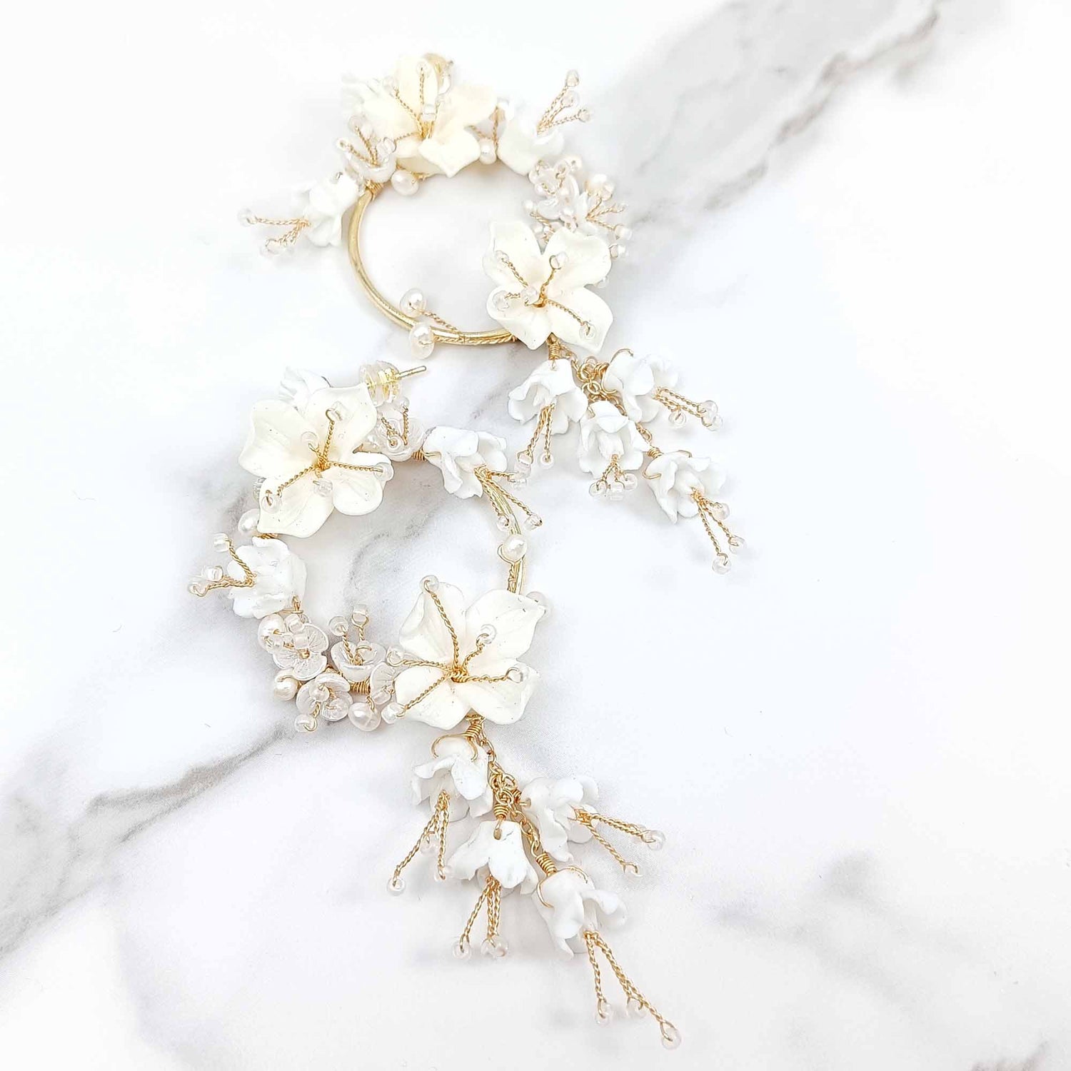 Bridal Porcelain Flower Wreath Pearl Earrings