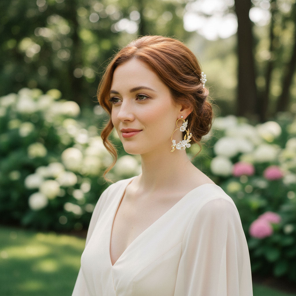Model wearing floral pearl hoop earrings in garden setting, elegant bridal jewelry style.