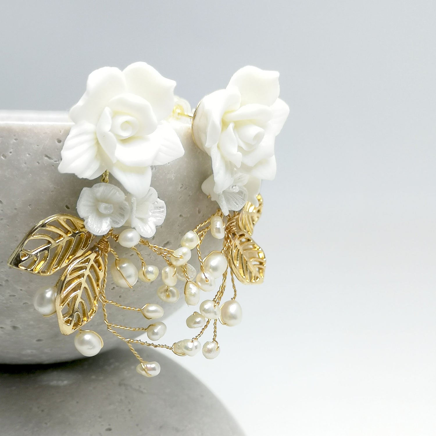 Bridal Porcelain Flower Leaves Pearl Earrings