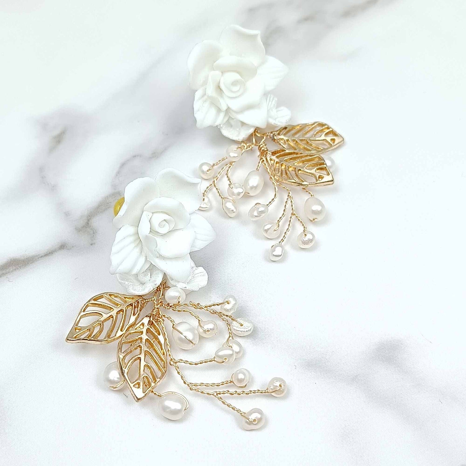 Bridal Porcelain Flower Leaves Pearl Earrings