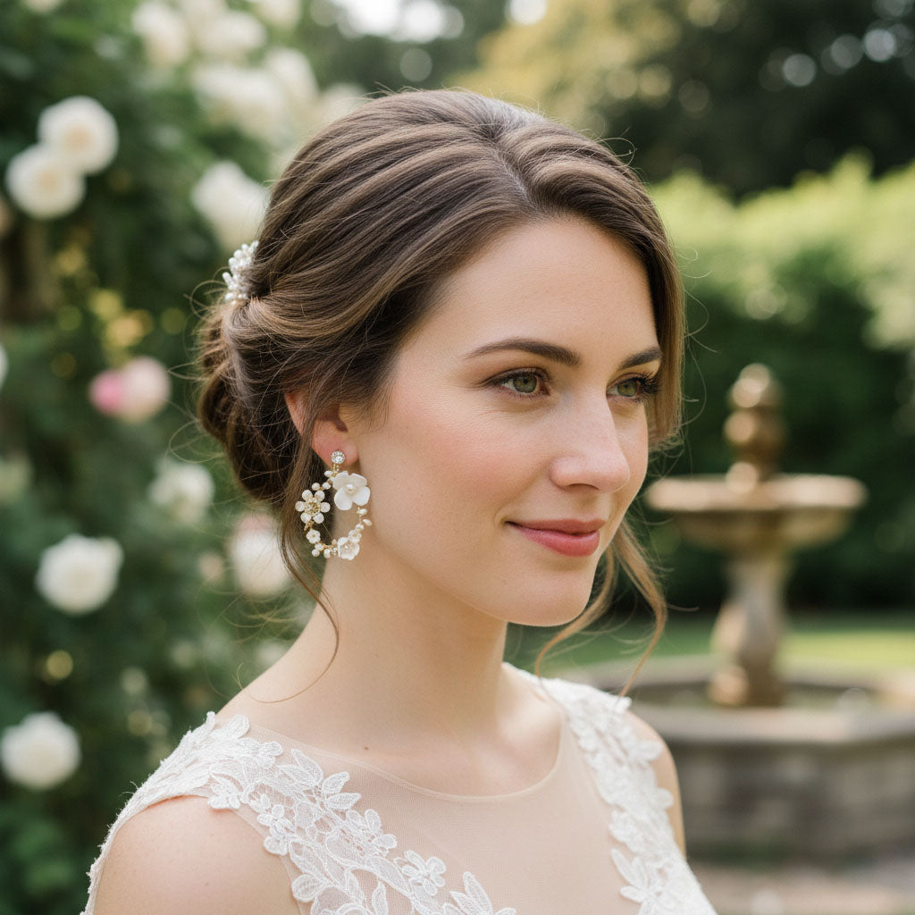 Model wearing A2K London porcelain floral hoop earrings in garden setting, bridal style.