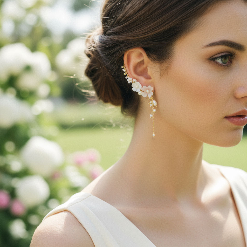 Model wearing A2K London floral pearl ear climber earrings in garden setting, bridal style.