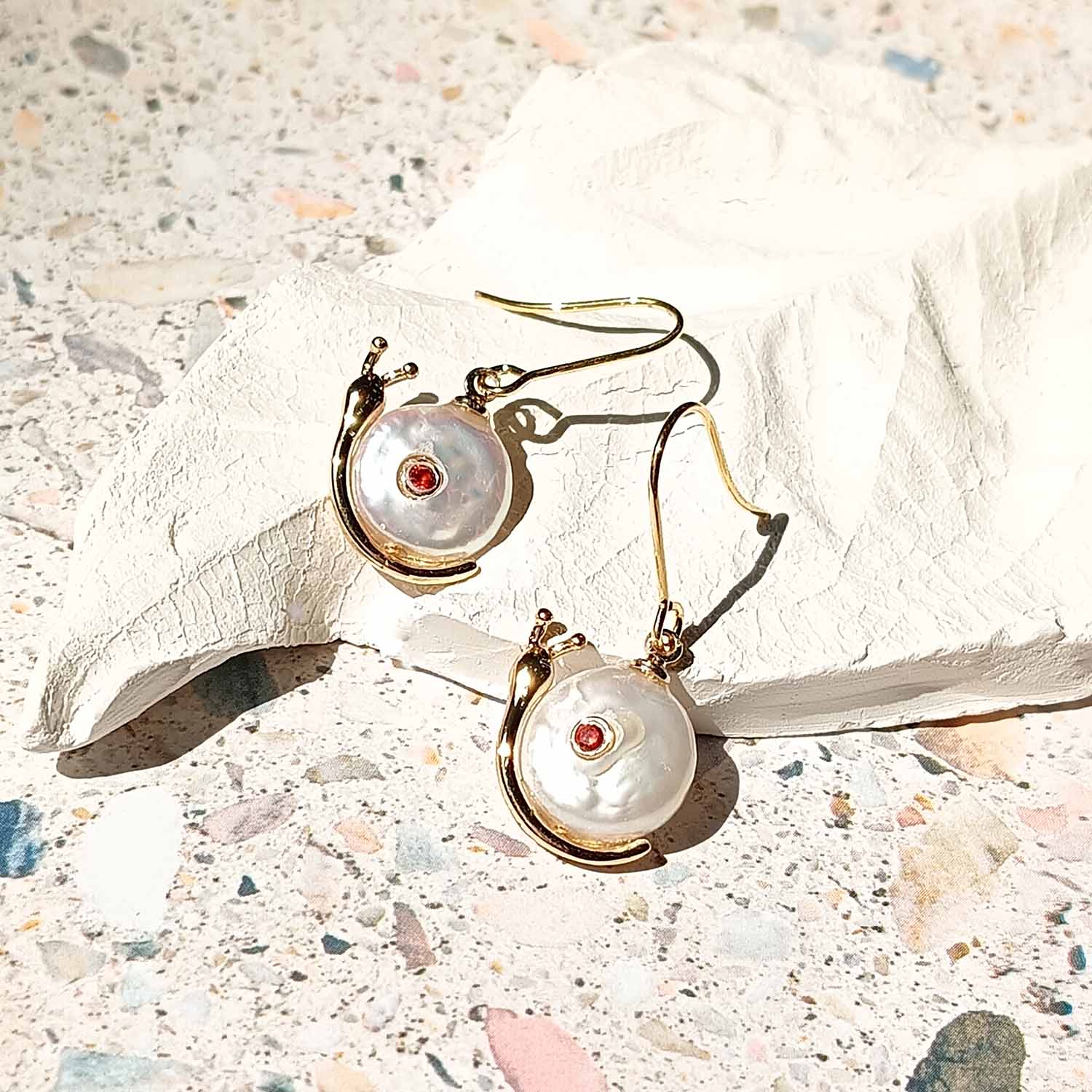 Birthstone Snail Earrings – Baroque Pearl & Gold-Plated Charm