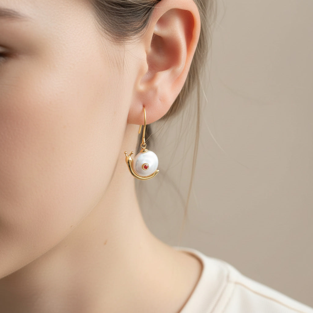 Gold hoop earring with a pearl and red gemstone worn by a person.