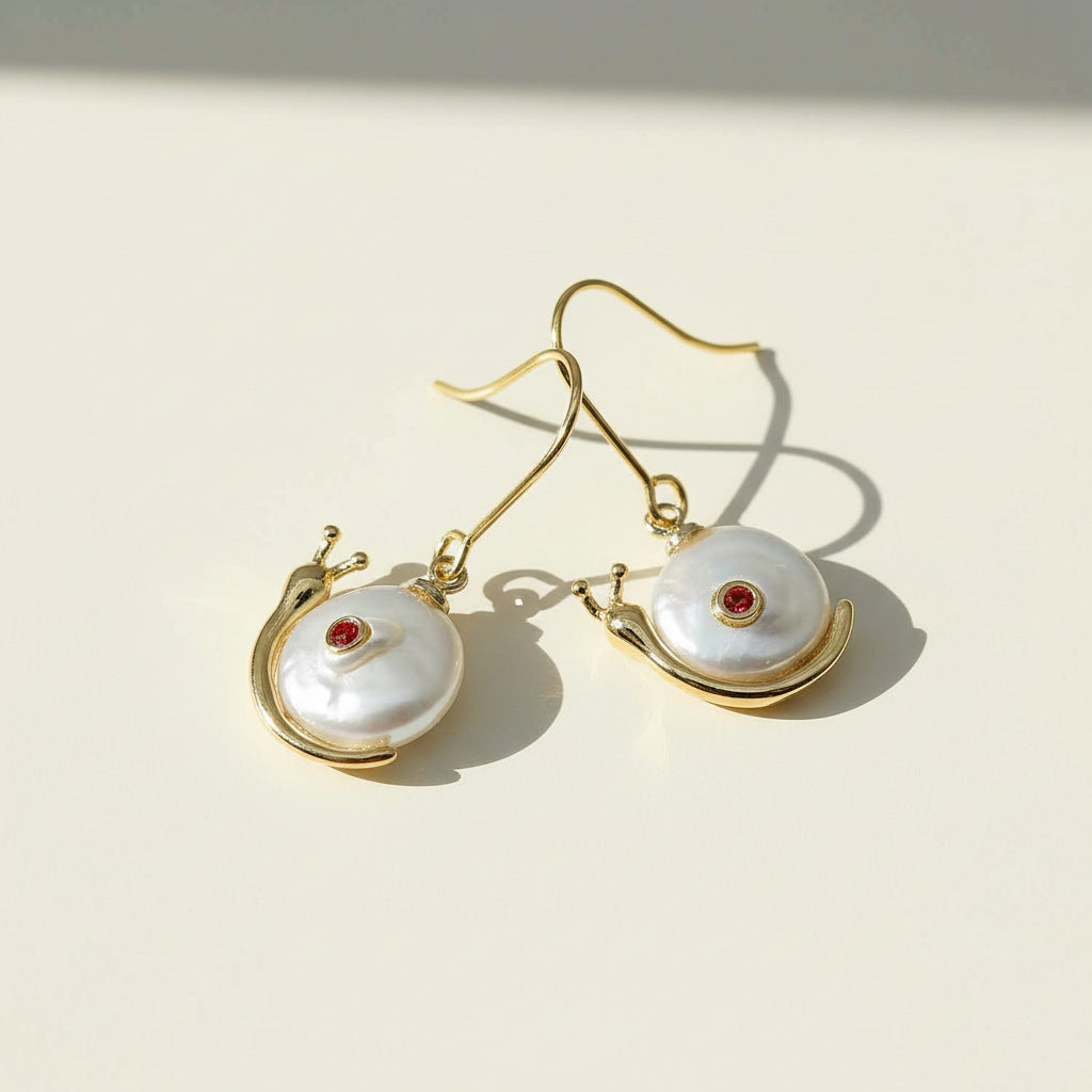 Gold earrings with pearl-like stones on a light beige background