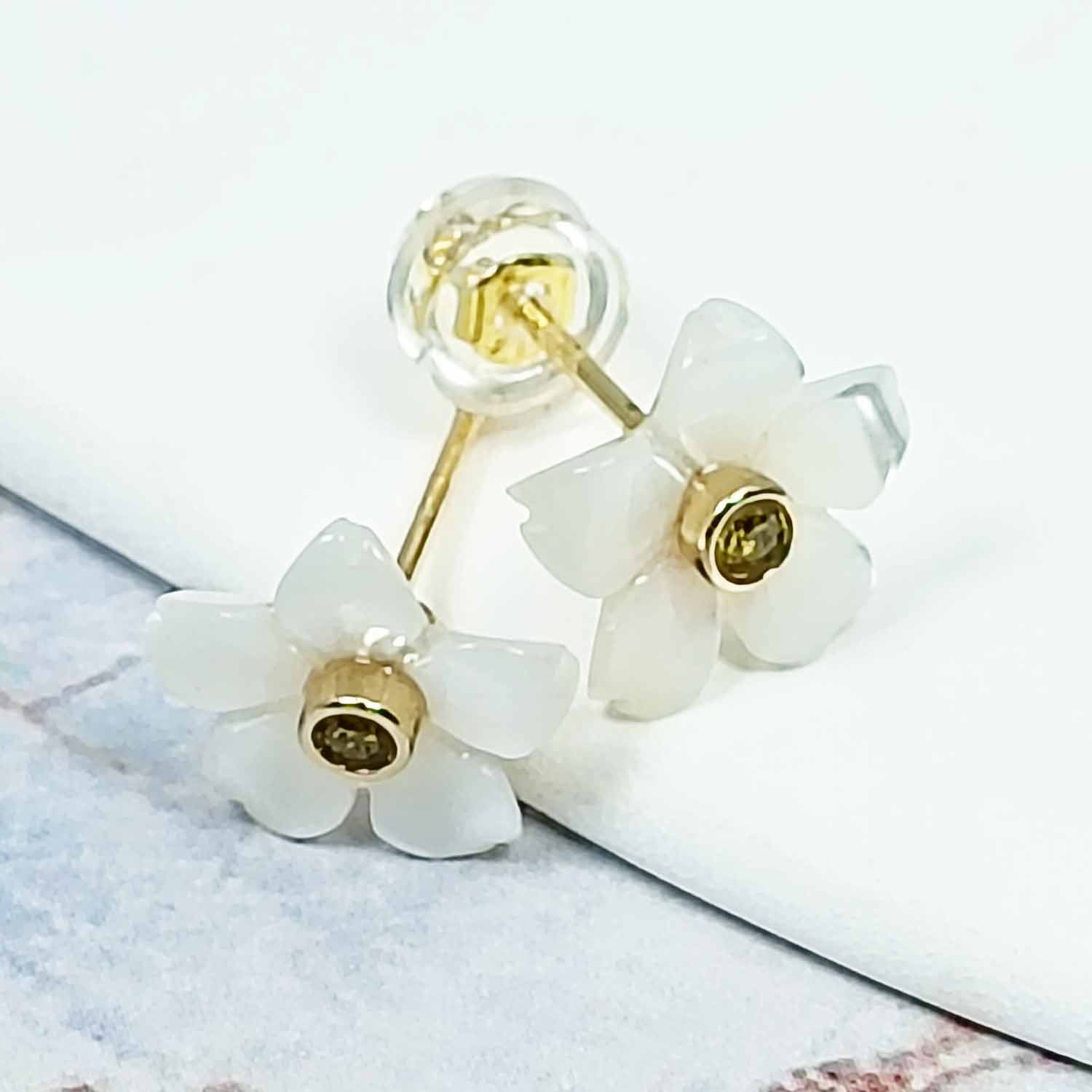 Birthstone Mother of Pearl Flower Stud Earrings