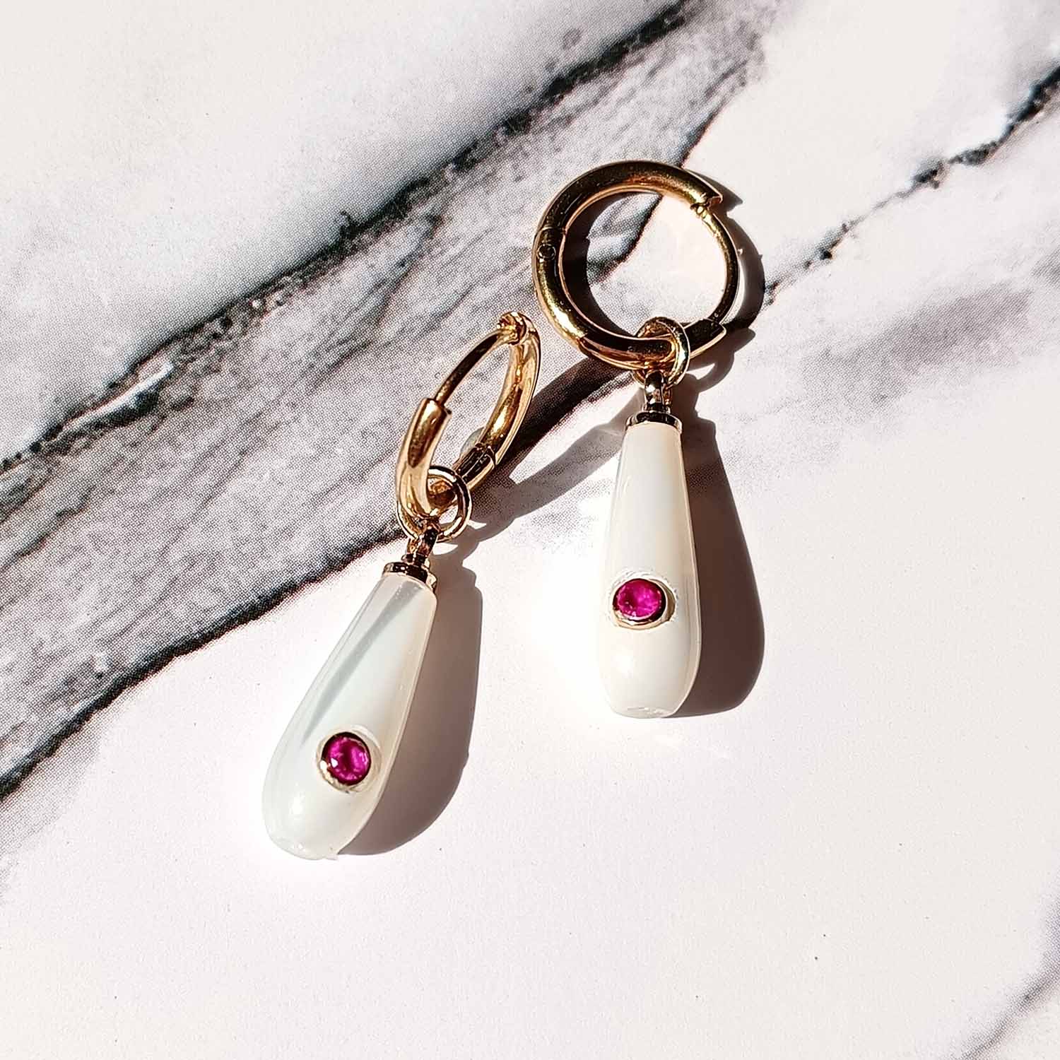 Mother of Pearl Birthstone Teardrop Hoop Earrings