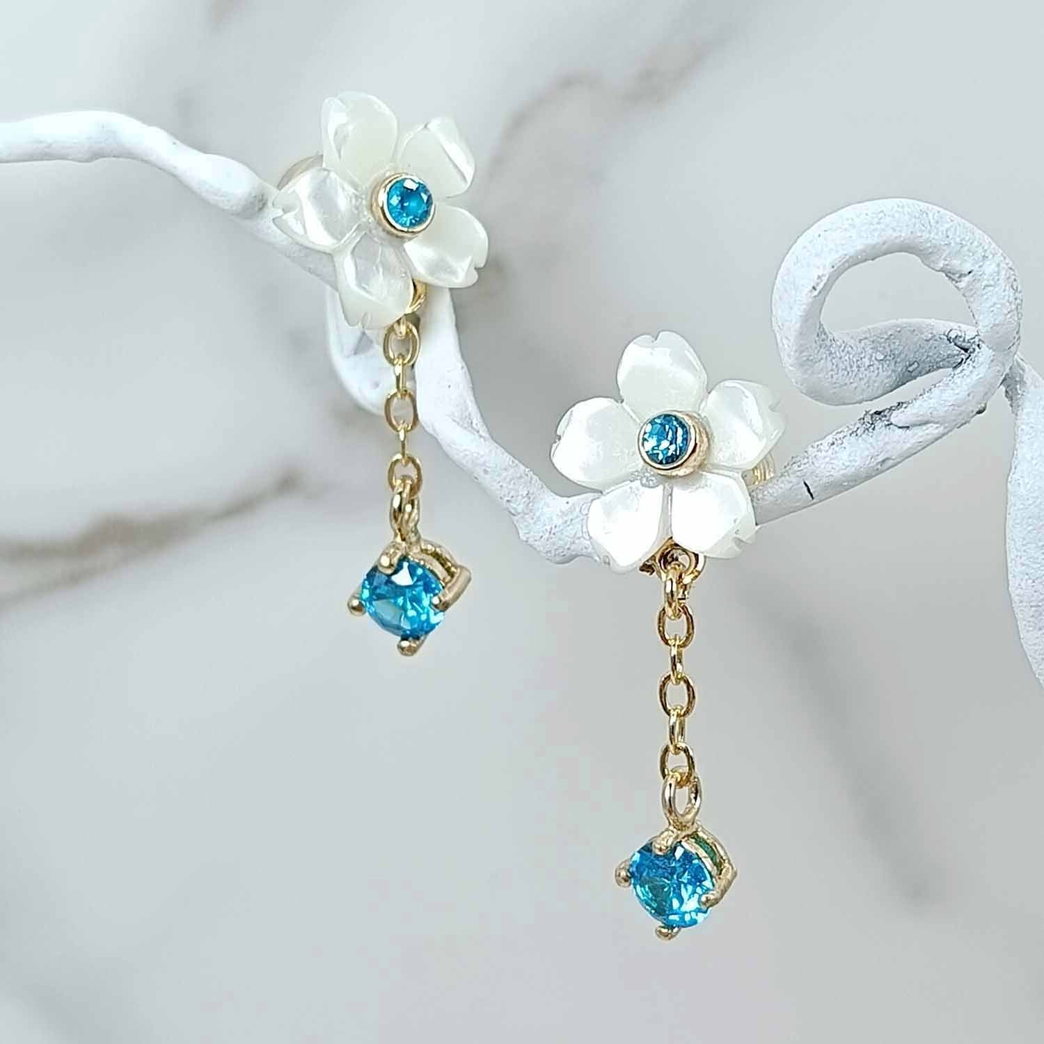 Handmade Pearl Flower Earrings with Birthstone Dangle