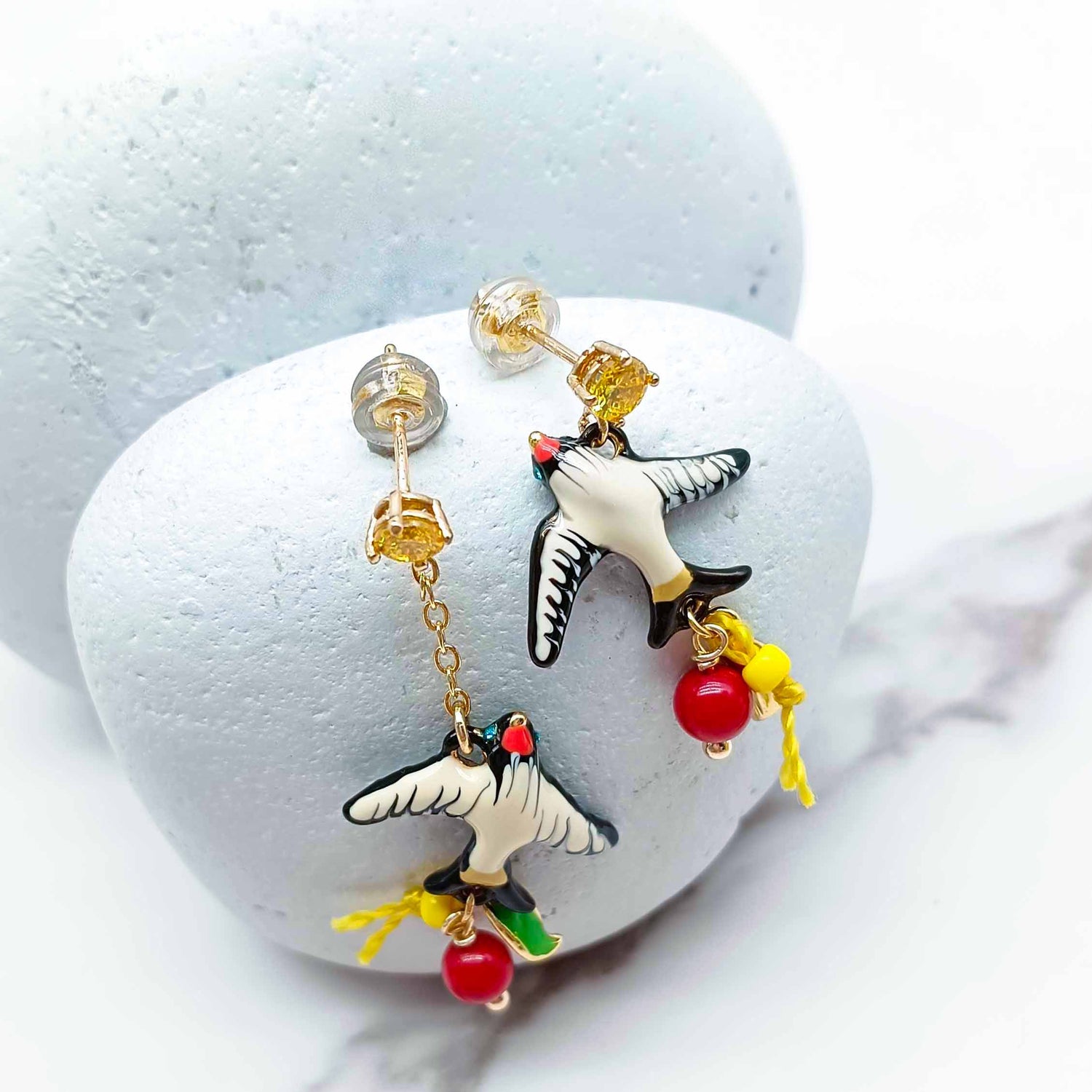 Handpainted Enamel Sparrow Earrings – Artistic Bird Drop Earrings with Colorful Bead Charms