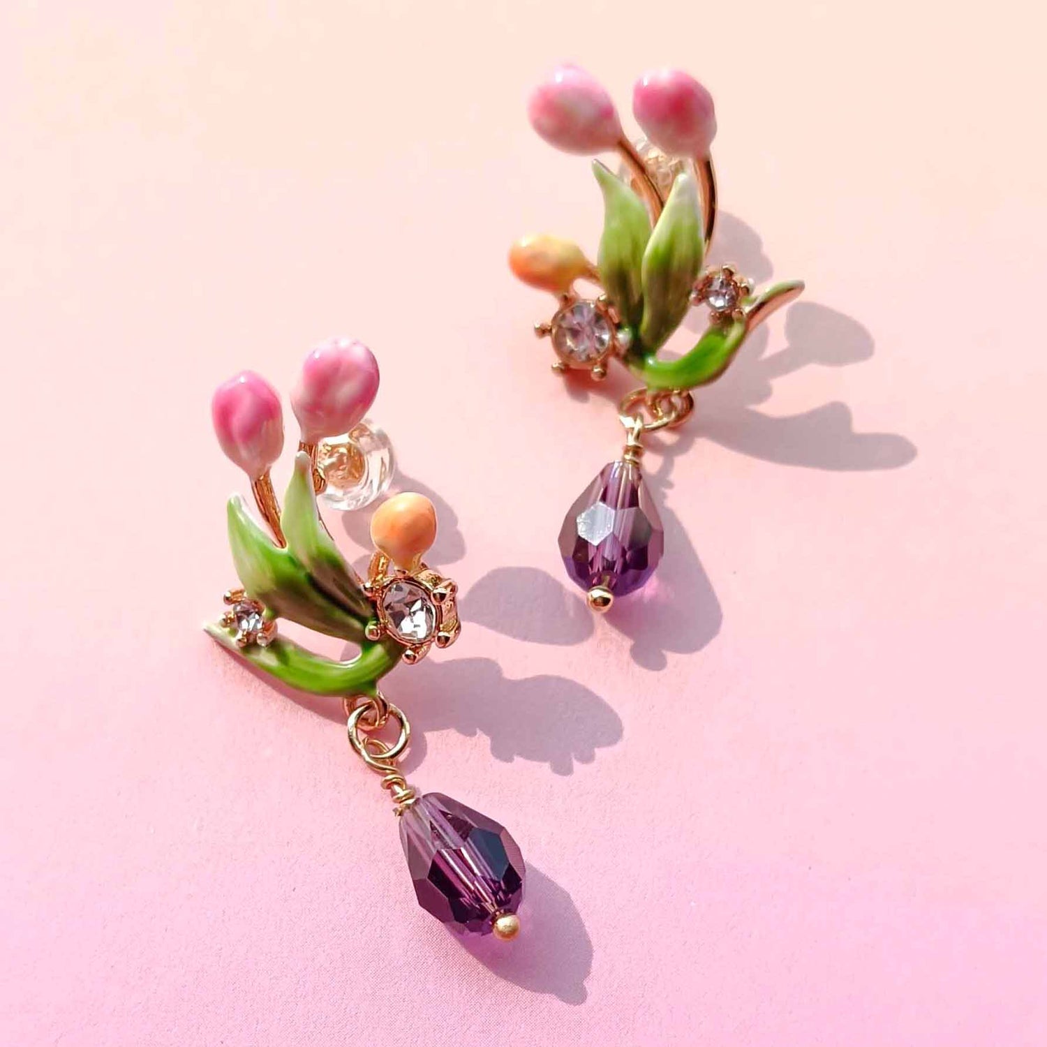 Handpainted Tulip Flower Enamel Earrings with Purple Glass Drop