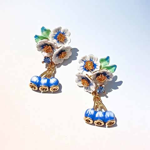 Blueberry Bloom Enamel Dangle Earrings – Handpainted Floral Statement Jewelry