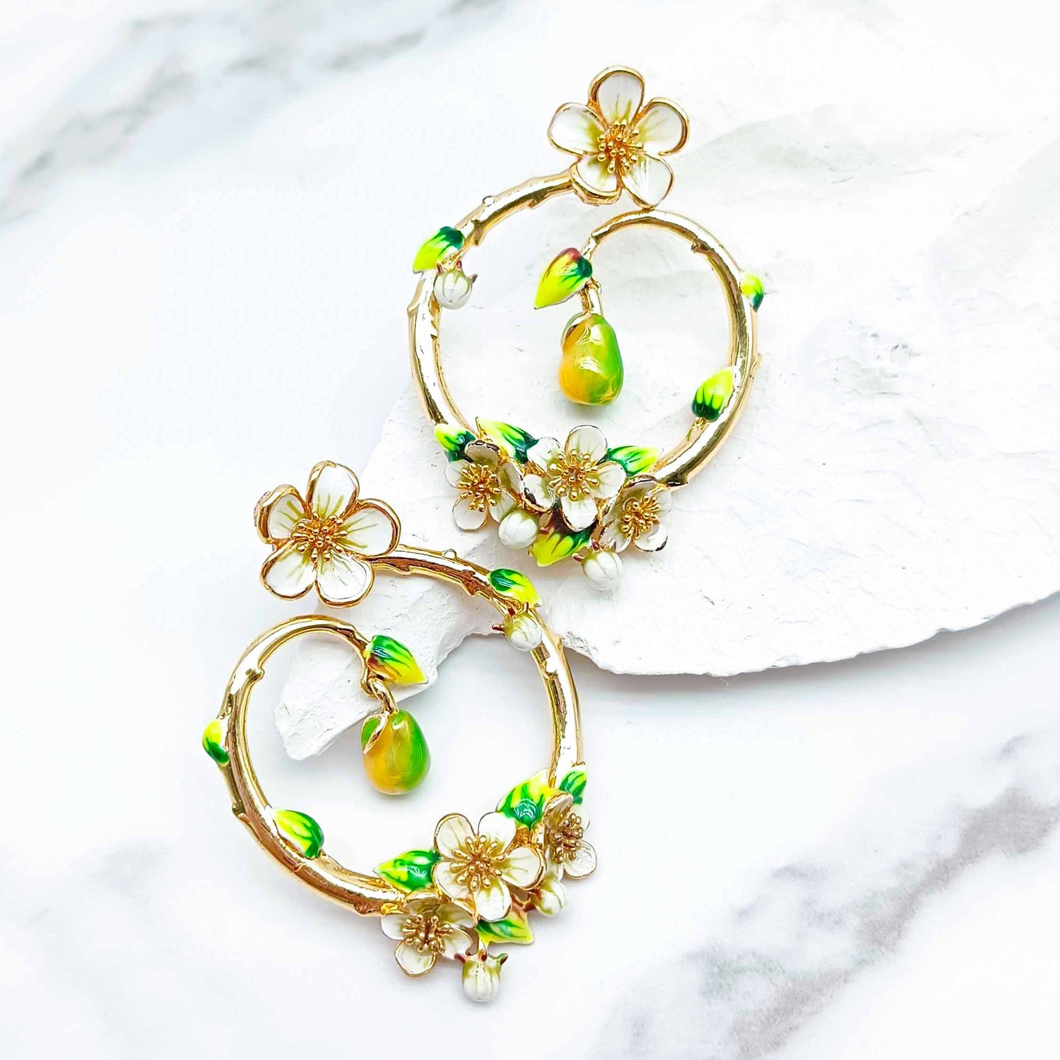 Handpainted Sakura & Pear Hoop Earrings – Floral Spring Statement Jewelry