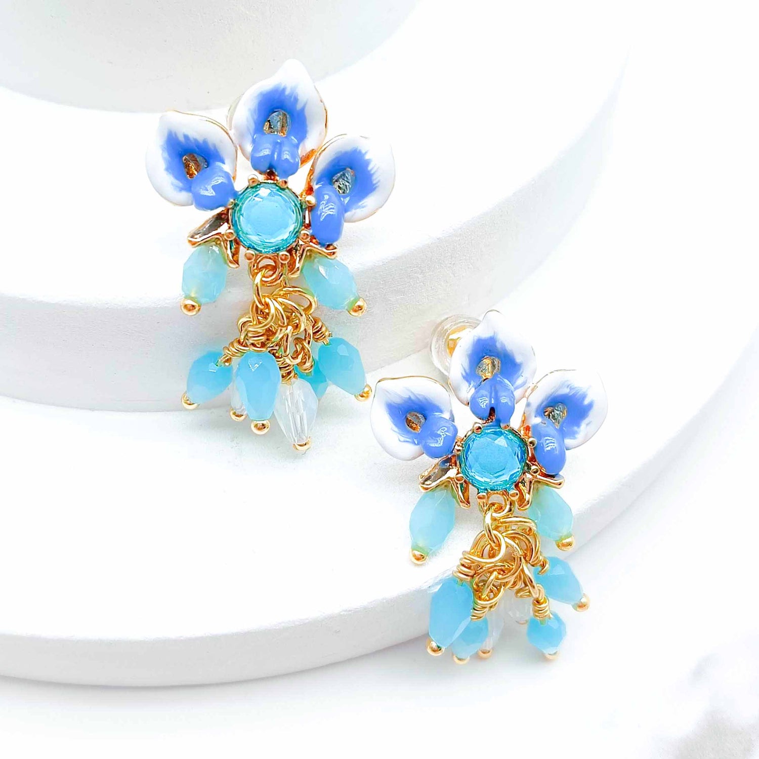 Blue Calla Lily Enamel Drop Earrings – Floral Statement Jewelry with Beaded Dangles