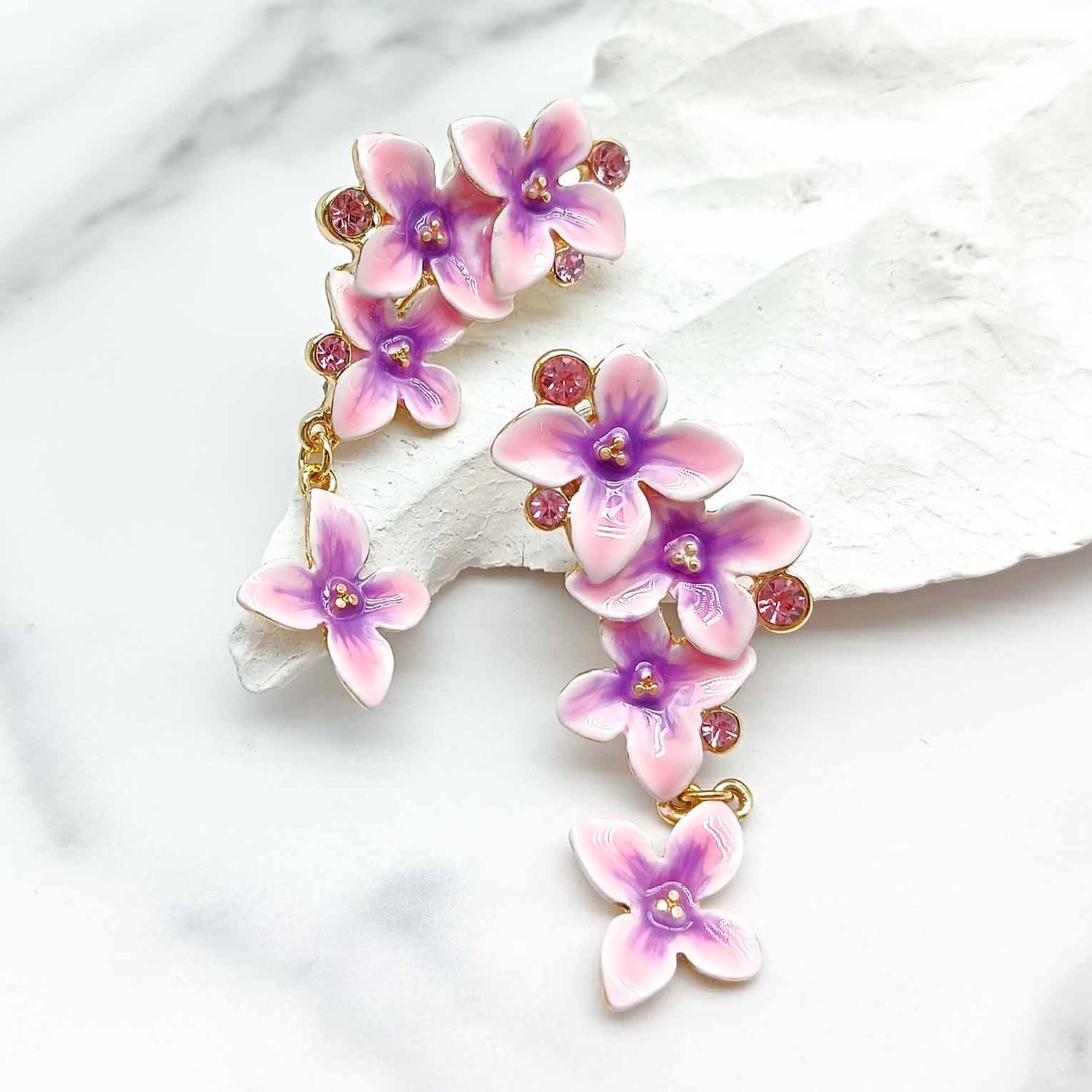 Pink & Purple Hydrangea Enamel Flower Earrings