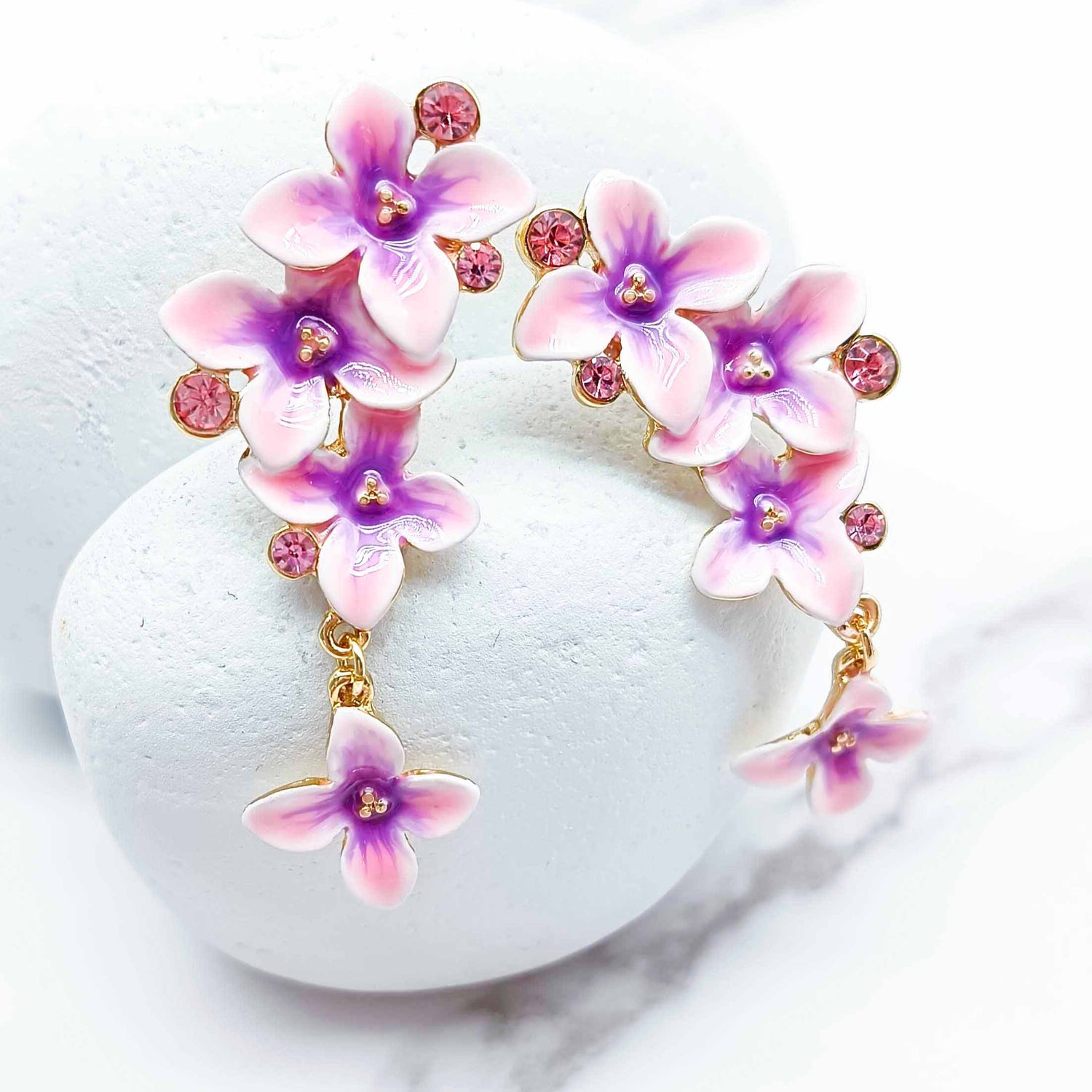 Pink & Purple Hydrangea Enamel Flower Earrings