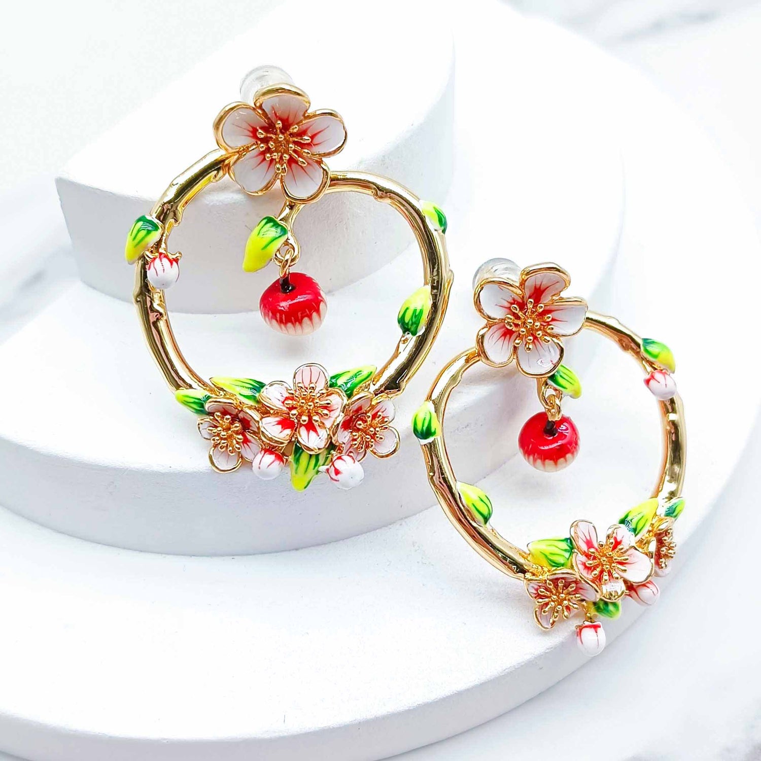 Handpainted Enamel Sakura & Apple Drop Hoop Earrings – Gold Plated Floral Statement