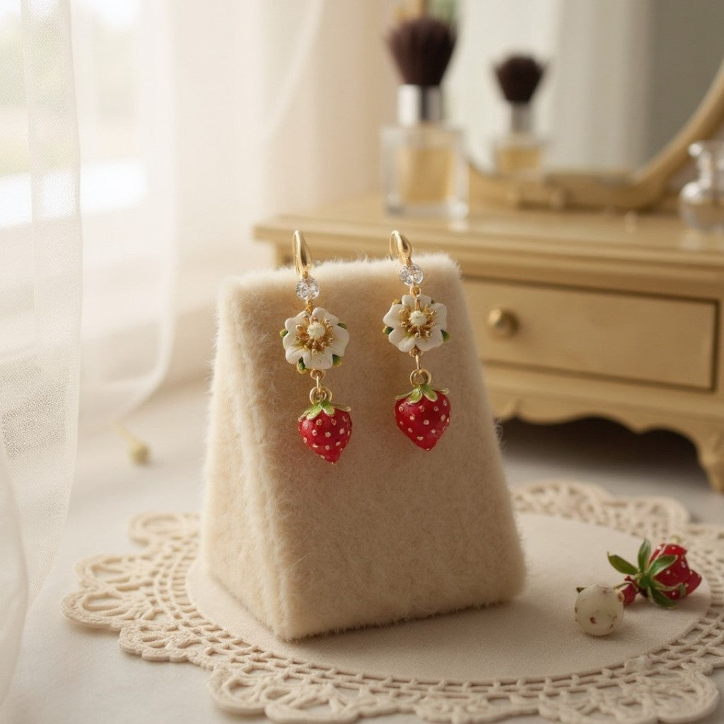 Pair of earrings with strawberry and flower designs on a beige stand.