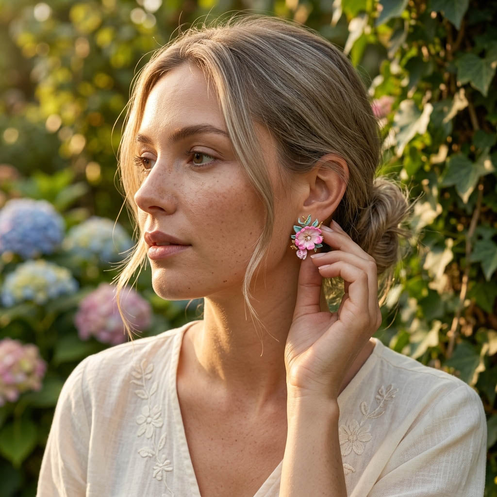 Woman wearing floral earrings outdoors with peony flowers and greenery in the background