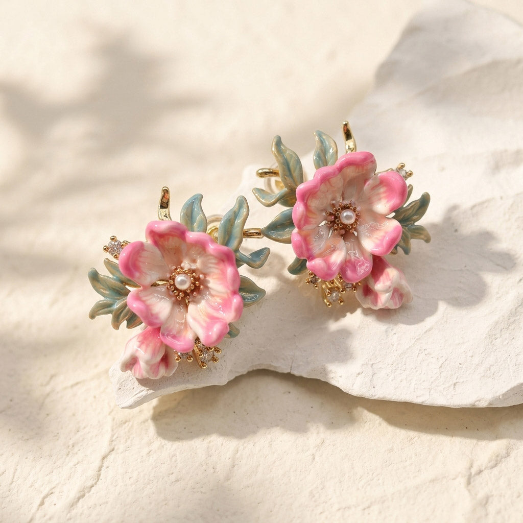 Pair of floral earrings with peony flowers on a light beige background