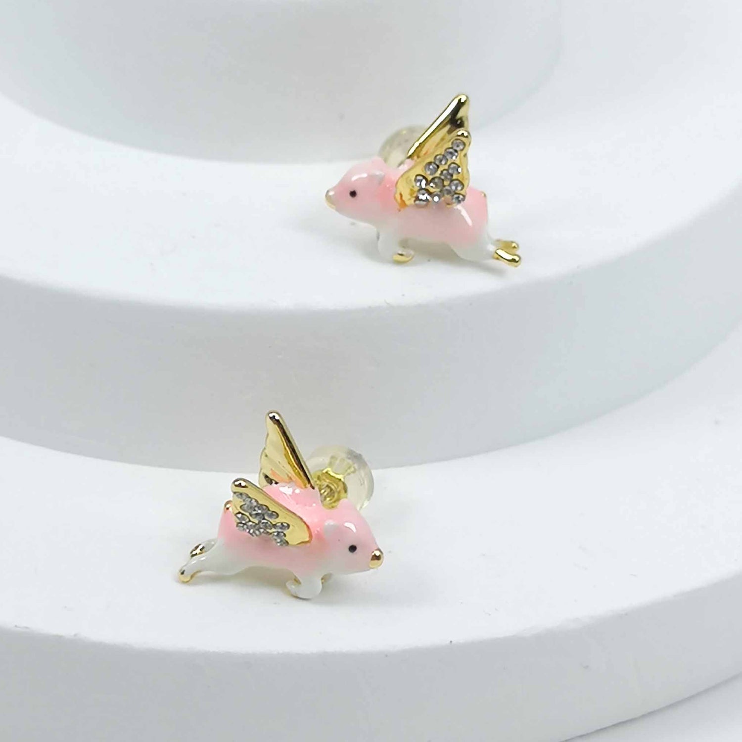 Flying Pig Stud Earrings – Handpainted Enamel with Crystal Wings