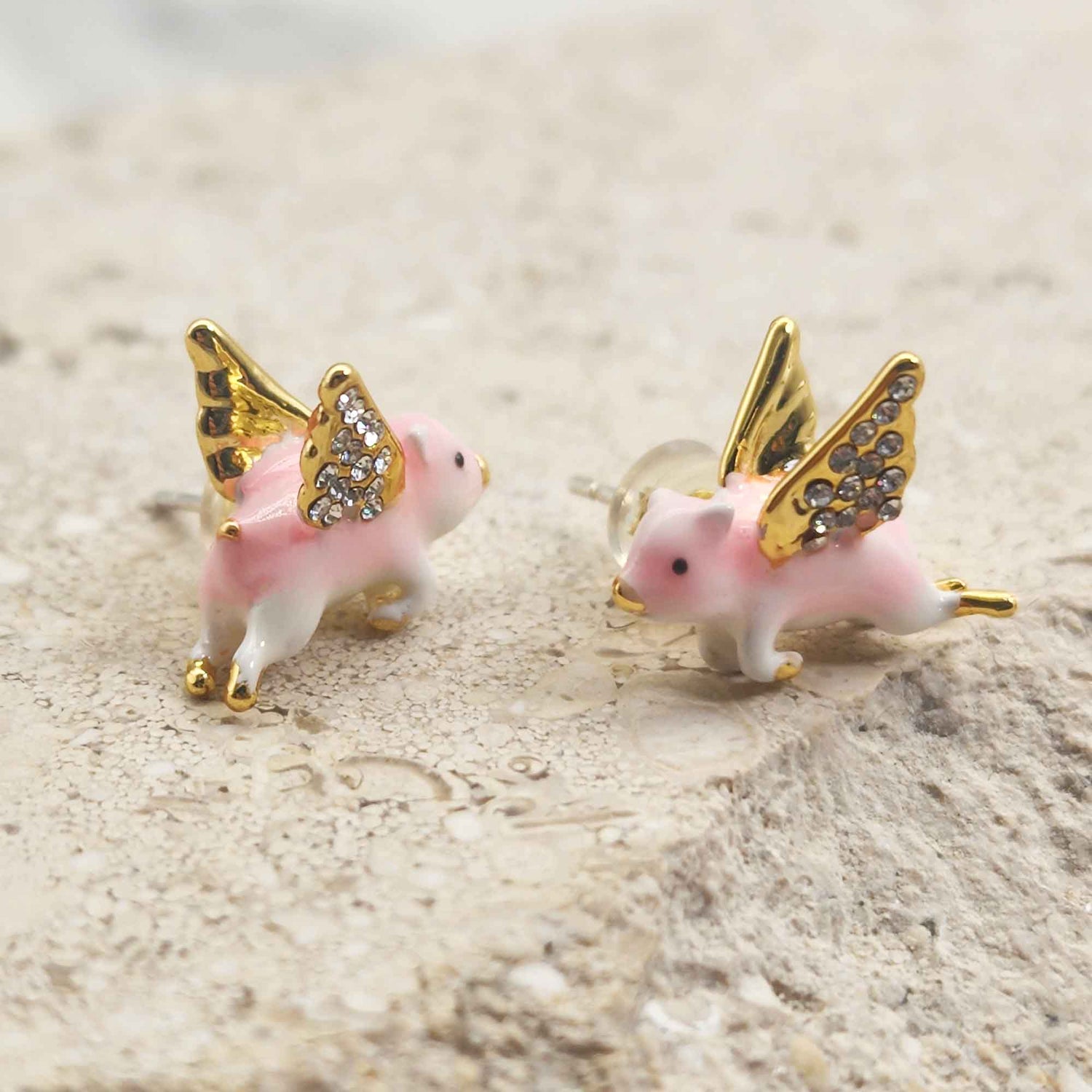 Flying Pig Stud Earrings – Handpainted Enamel with Crystal Wings