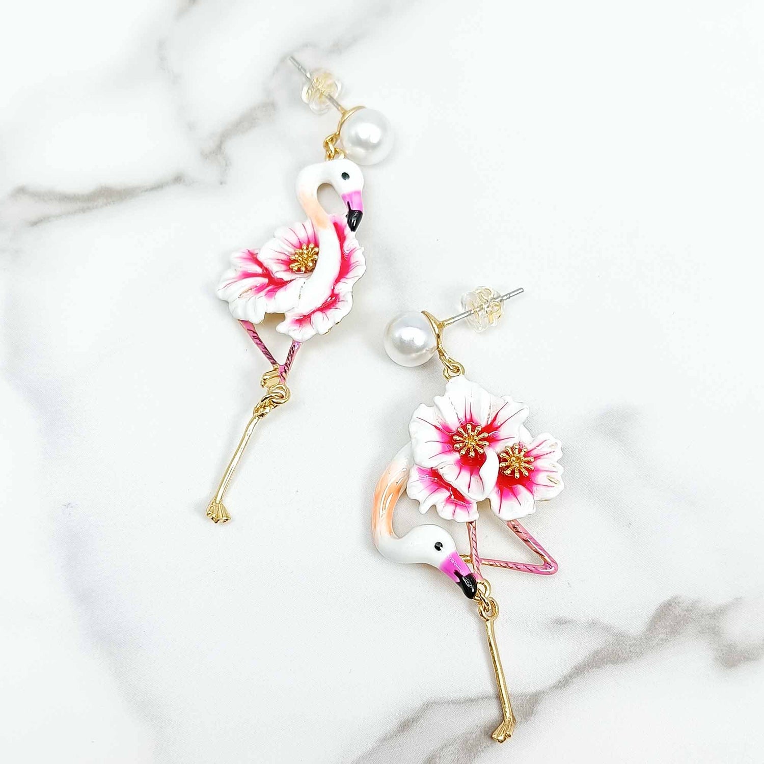 Asymmetrical Enamel Flamingo Flower and Pearl Earrings