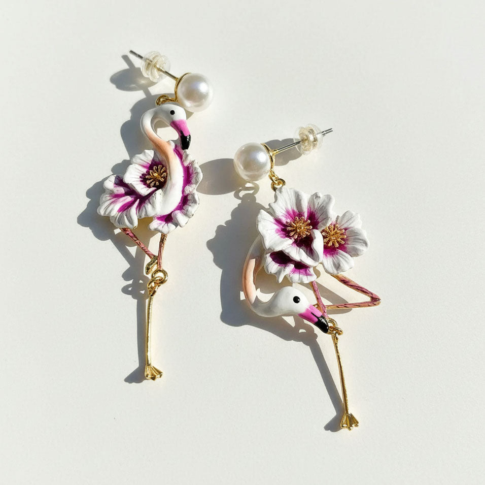 Flamingo Flower Enamel Hoop Earrings – Handcrafted Artful Jewelry