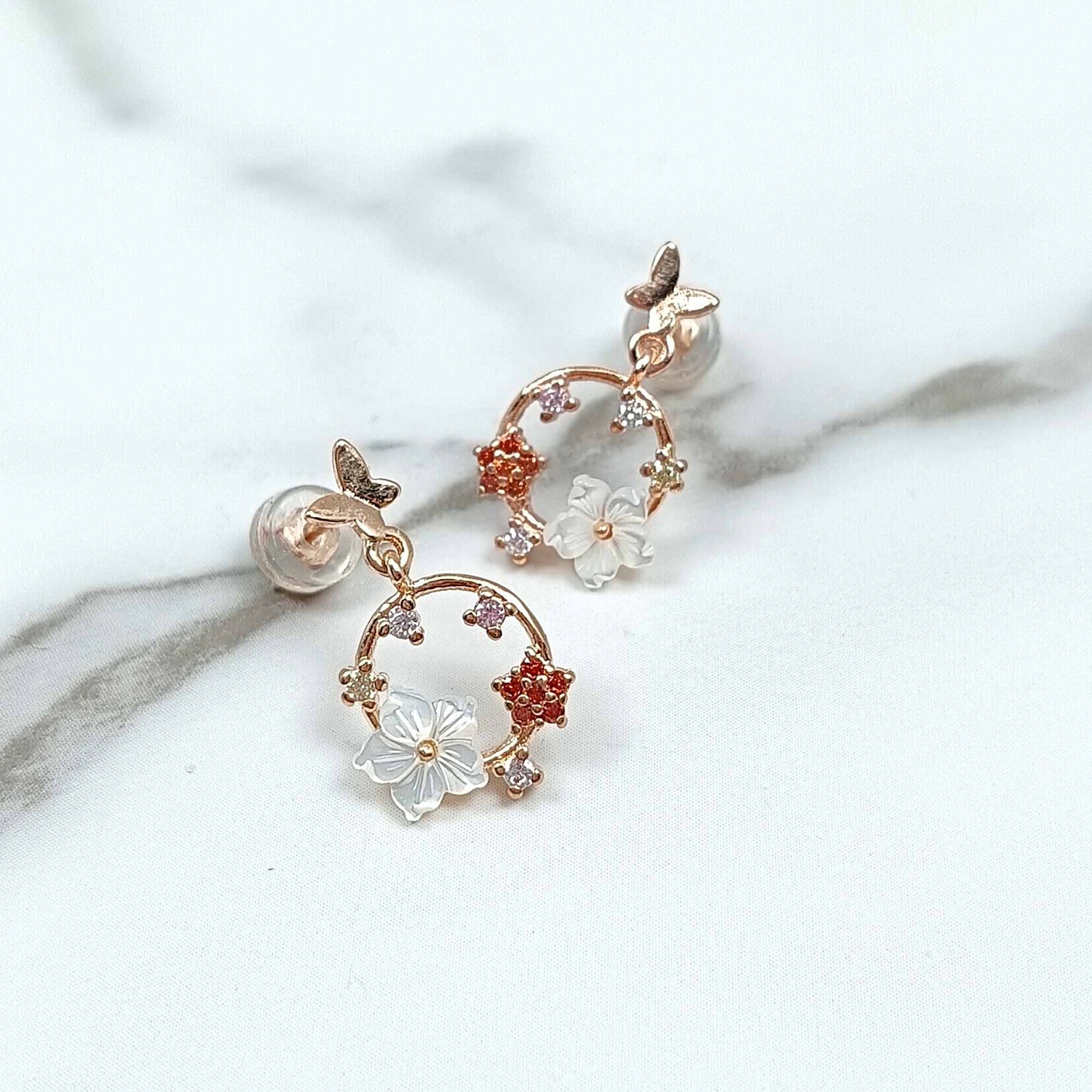 MOP Shell Sakura Flower Stud Earrings, Multi Colours CZ Stone Earrings