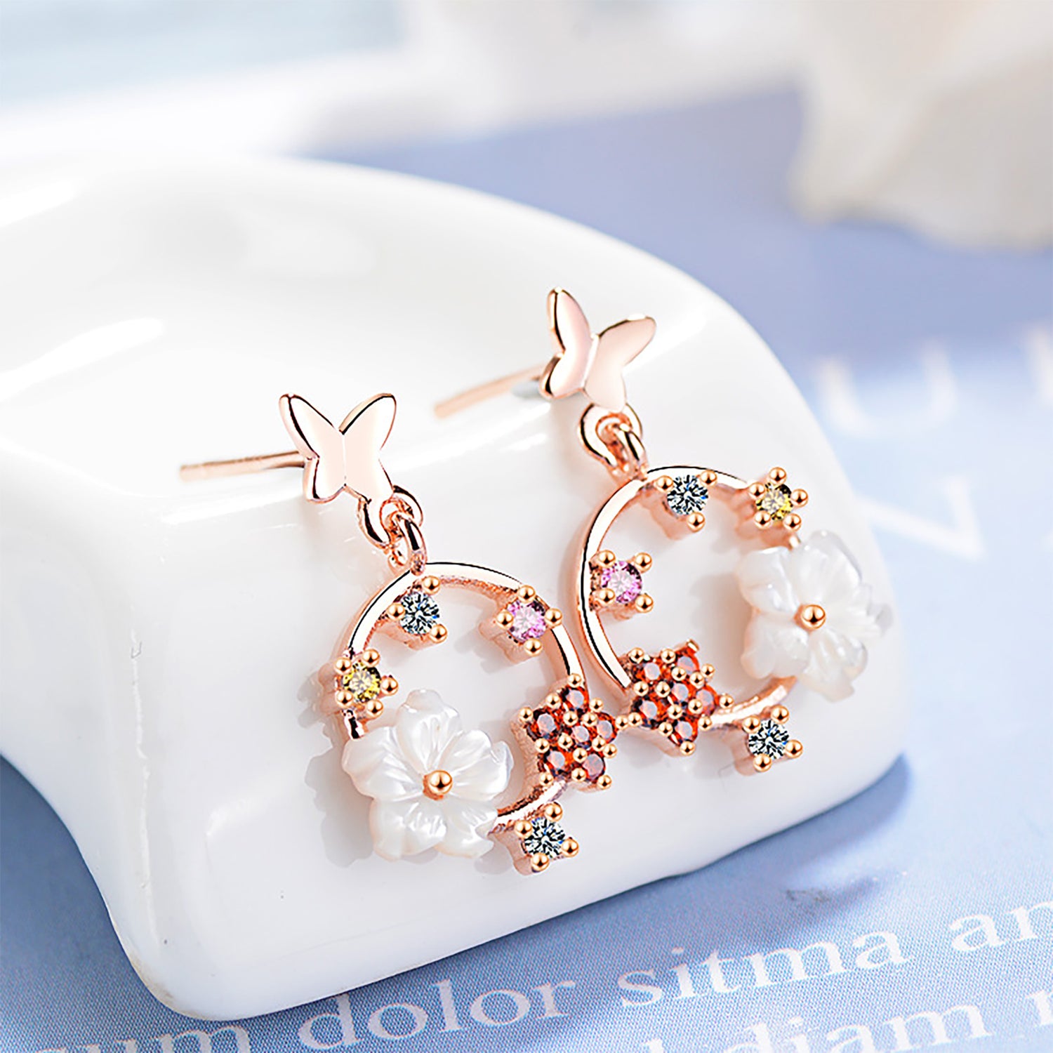 MOP Shell Sakura Flower Stud Earrings, Multi Colours CZ Stone Earrings