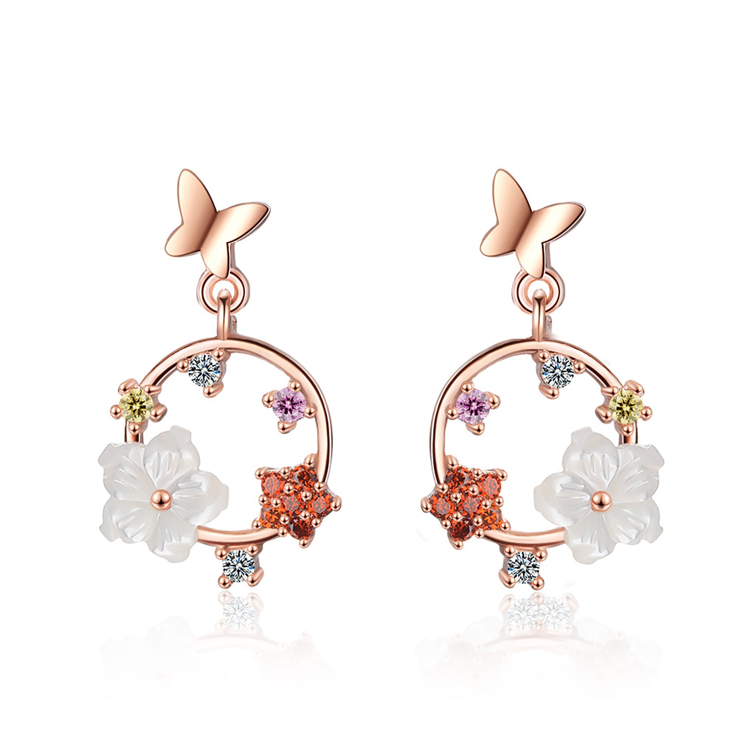 MOP Shell Sakura Flower Stud Earrings, Multi Colours CZ Stone Earrings